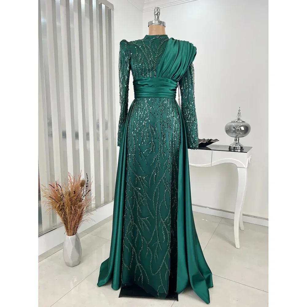 Elegant High Collar Sequined Beads Prom Dress Chic Long Sleeves Satin Floor Length Sheath Gowns Floor Length Evening Party Dress