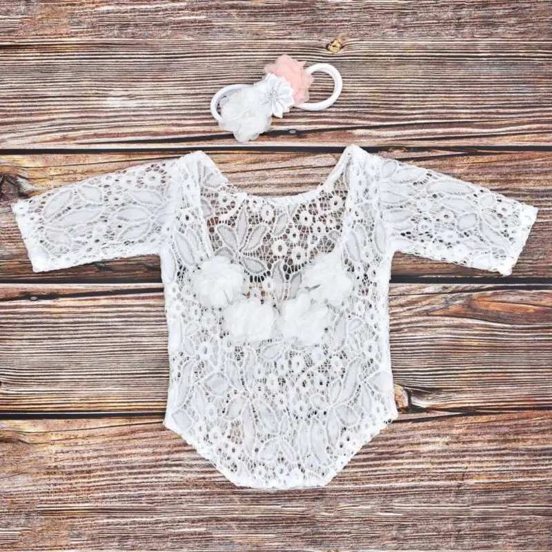 Newborn Photography Props Costume Infants Lace Romper Jumpsuit+Pearl Headband Set Photo Shooting Accessories for Baby Girls