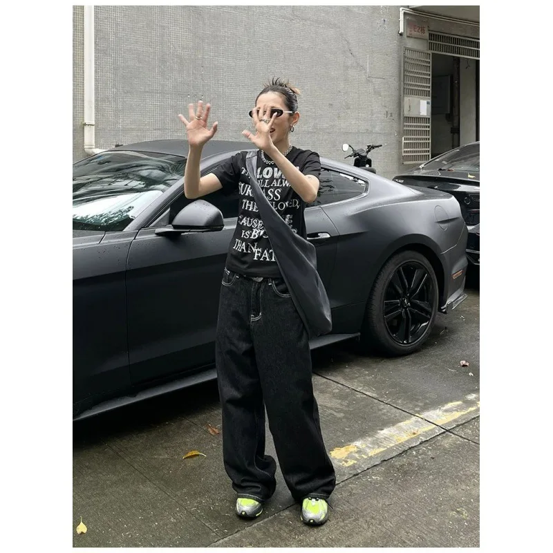 Jeans Kaki Lebar Bordir Amerika untuk Wanita Celana Panjang Lantai Kaki Lurus Longgar Skinny Kasual Serbaguna Retro