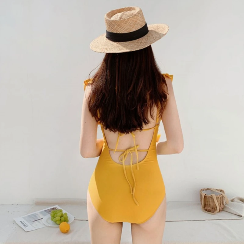 Summer Bikini Sexy Triangle Sleeveless Square Neck Bikinis Tight Backless One Piece Swimsuit Solid Colour suit Beach Swimwear