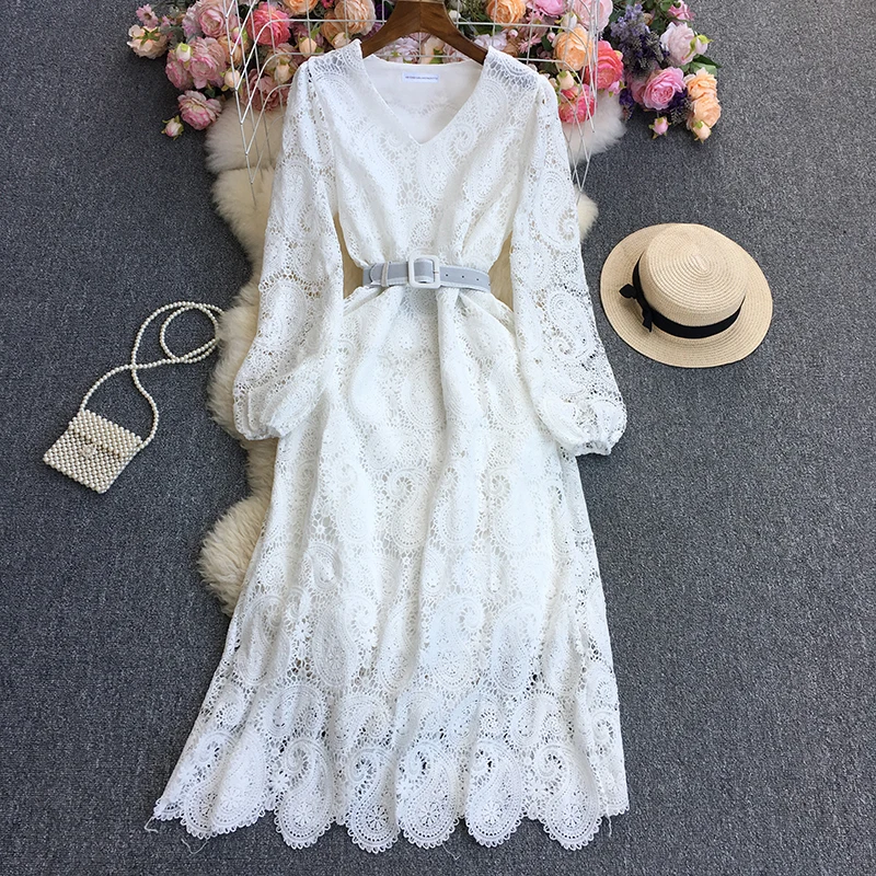 

Youe Summer Bohemian Dress for Women Hook Flower Hollow Long Sleeve Luxury Chic and Elegant Vestidos See Through Belt Dresses