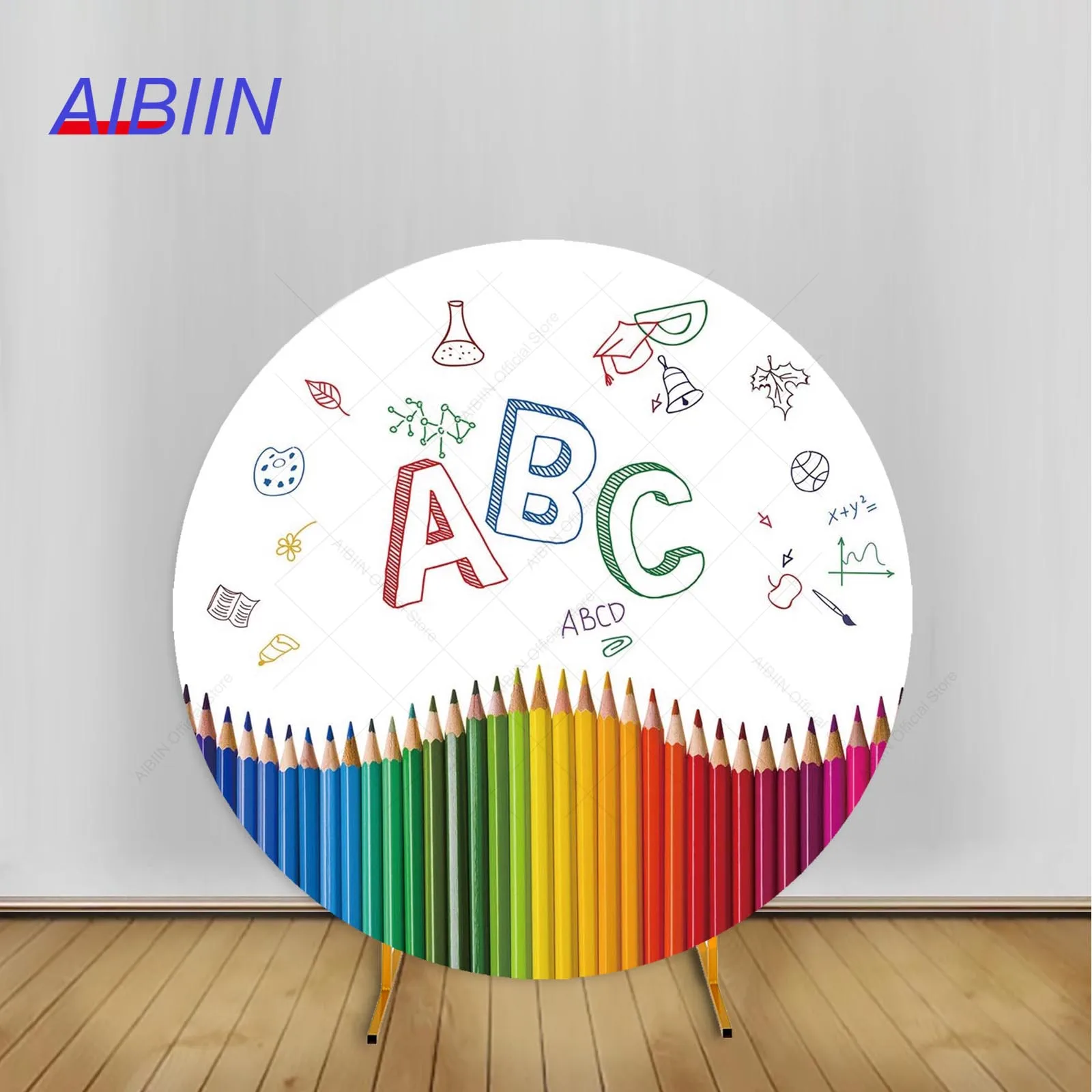 

Back to School Round Backdrop Cover First day of Kindergarten ABC Colorful Pencil Classroom Party Decor Baby Portrait Background