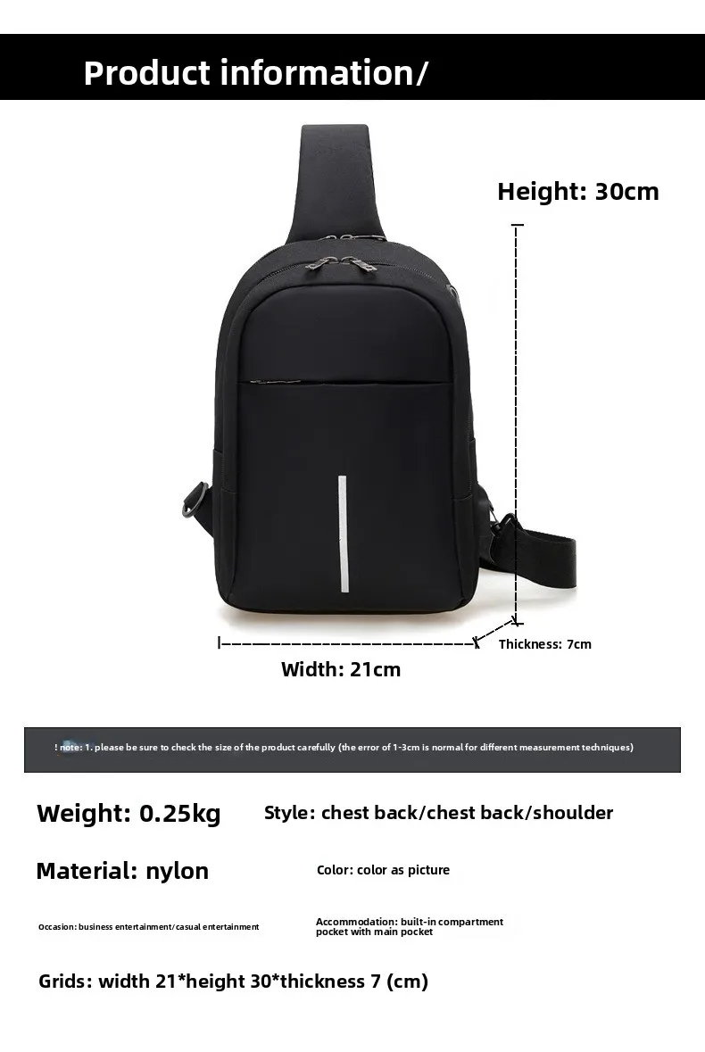 New Casual Men's Chest Bag, Portable Charging Headphone Jack Crossbody Bag, Water-resistant and Multi-purpose Single-shoulderbag