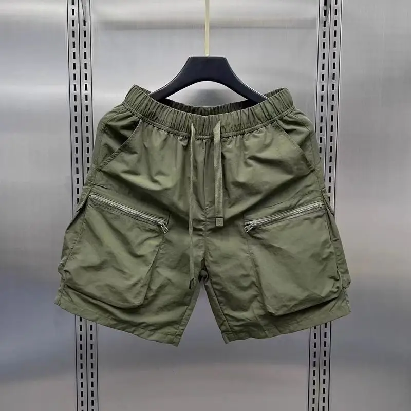 ญี่ปุ่น Retro Men's Multi Pocket Cargo กางเกงขาสั้นฤดูร้อนบางหลวมตรง Casual Jacket Capris Solid Drawstring สั้นกางเกง