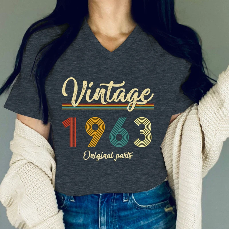 Vintage 1963 Birthday Letter Printed T-Shirts Women Fashion V-Neck Short Sleeve Tops Tees Funny 61th Birthday Gift Street Tshirt