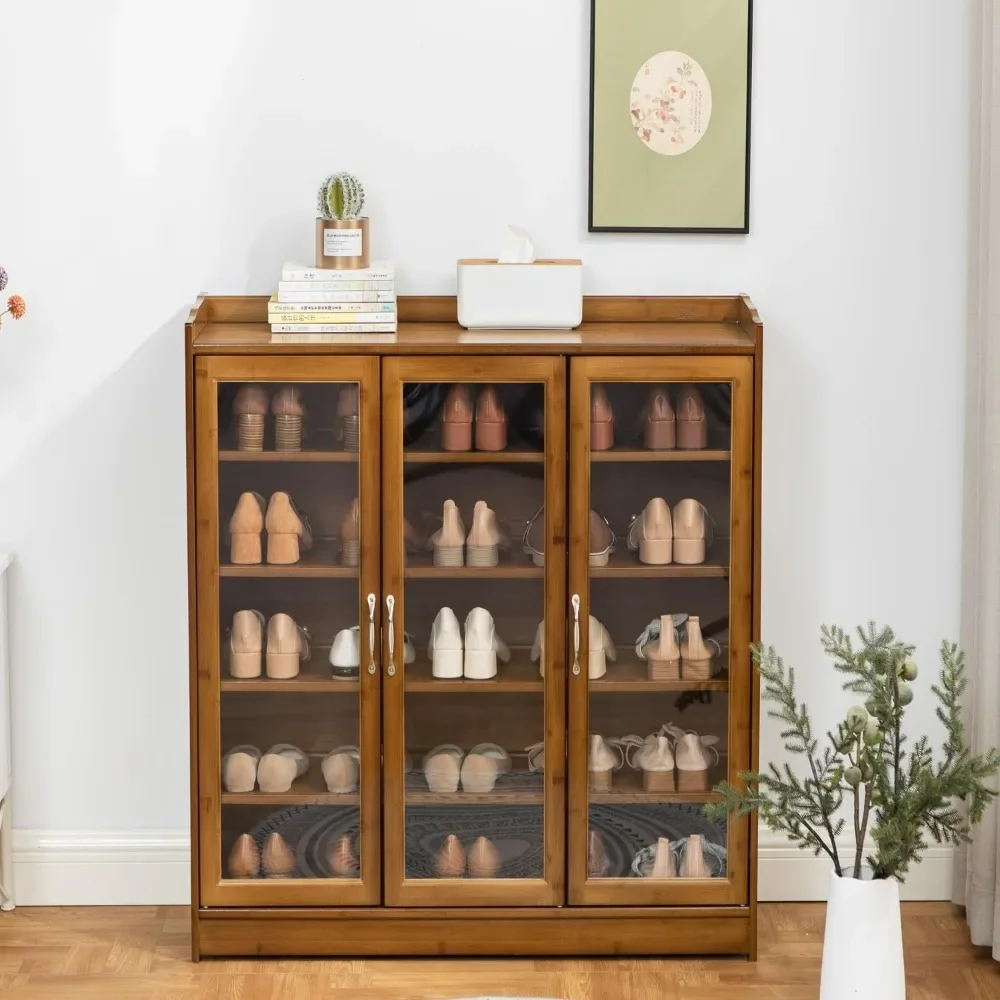 Shoe Cabinet, Bamboo Shoe Cabinet with Three Doors, 6 Tier Shoes Storage Cabinet for Entryway, Shoes Rack