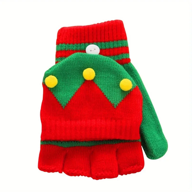 

Christmas Gloves for Women Winter Half Finger Flip Cover Cold Proof Warm Knit Yarn Cute Cartoon Exposed Finger Student Gloves