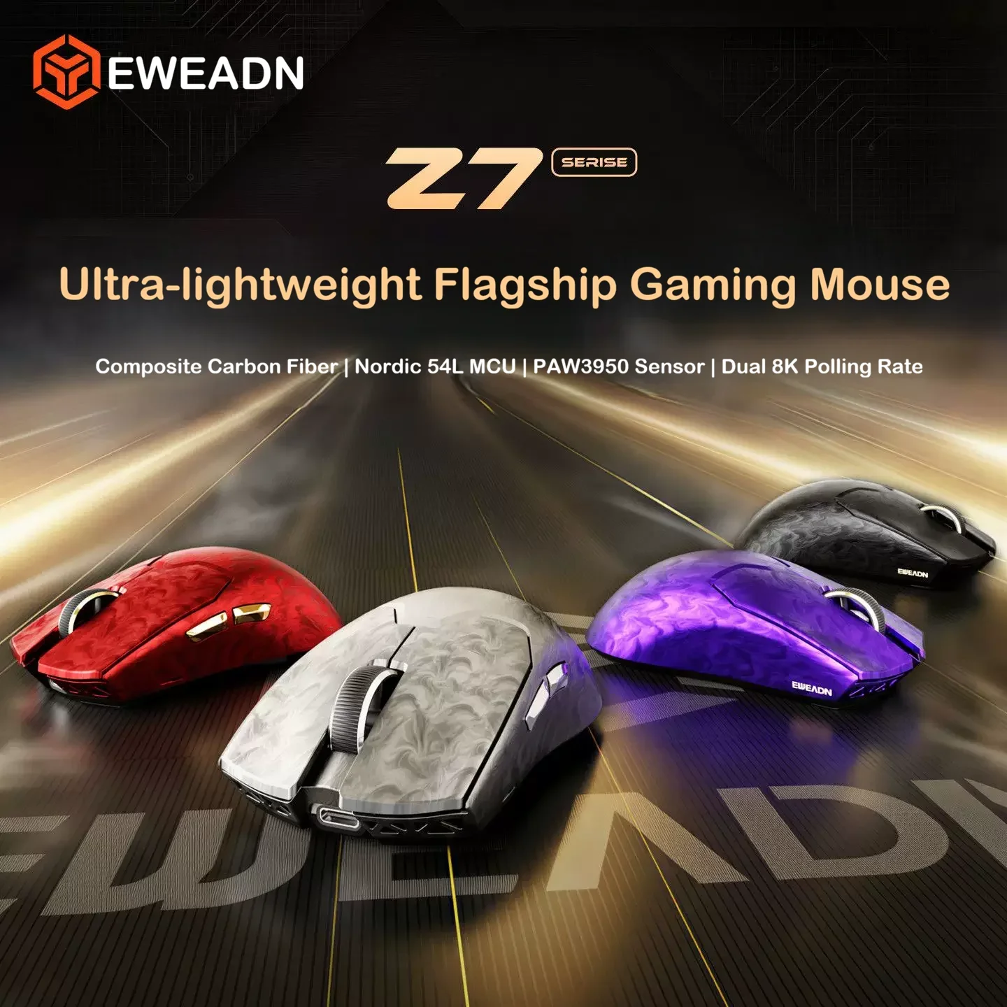 EWEADN Z7 Carbon Fiber Dual 8K Wireless Gaming Mouse PAW3950 52g Ultra Lightweight Nordic 54L Ergonomic Mid-Sized for FPS PC Esp