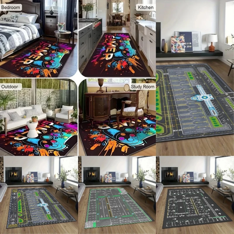 3D Living Room Carpet Abstract Airport Runway Pattern Carpet Machine-washable Floor Mat Anti-slip Soft Study Bedroom Rug
