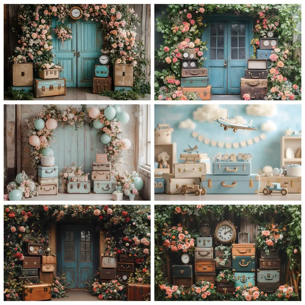 

Flowers Suitcase Backdrop Vintage Wall Wood Door Interior Room Baby Kids Birthday Party Decor Portrait Photography Background