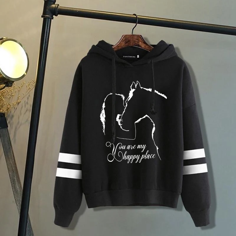 Horse And Girl You Are My Happy Place Printing Hoodie Pullovers Tops Autumn and winter stripes Long Sleeve Sweatshirt