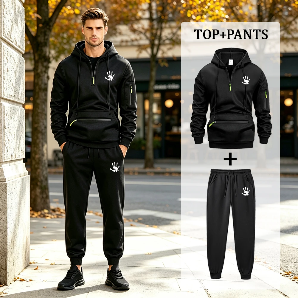 Men's Half Zip Hoodie And Jogger Set Casual 2 Piece Outfit With Playful Handprint Graphic For Daily Fitness Commute And Running