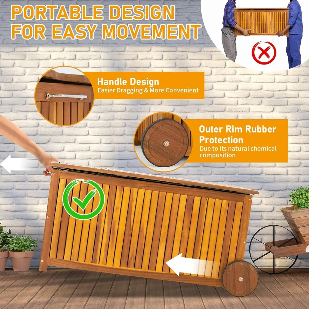 57 Gallon Wooden Outdoor Deck Box, Acacia Patio Storage Box with Convenient Wheels, Outdoor Storage Bin with Water-Resistant