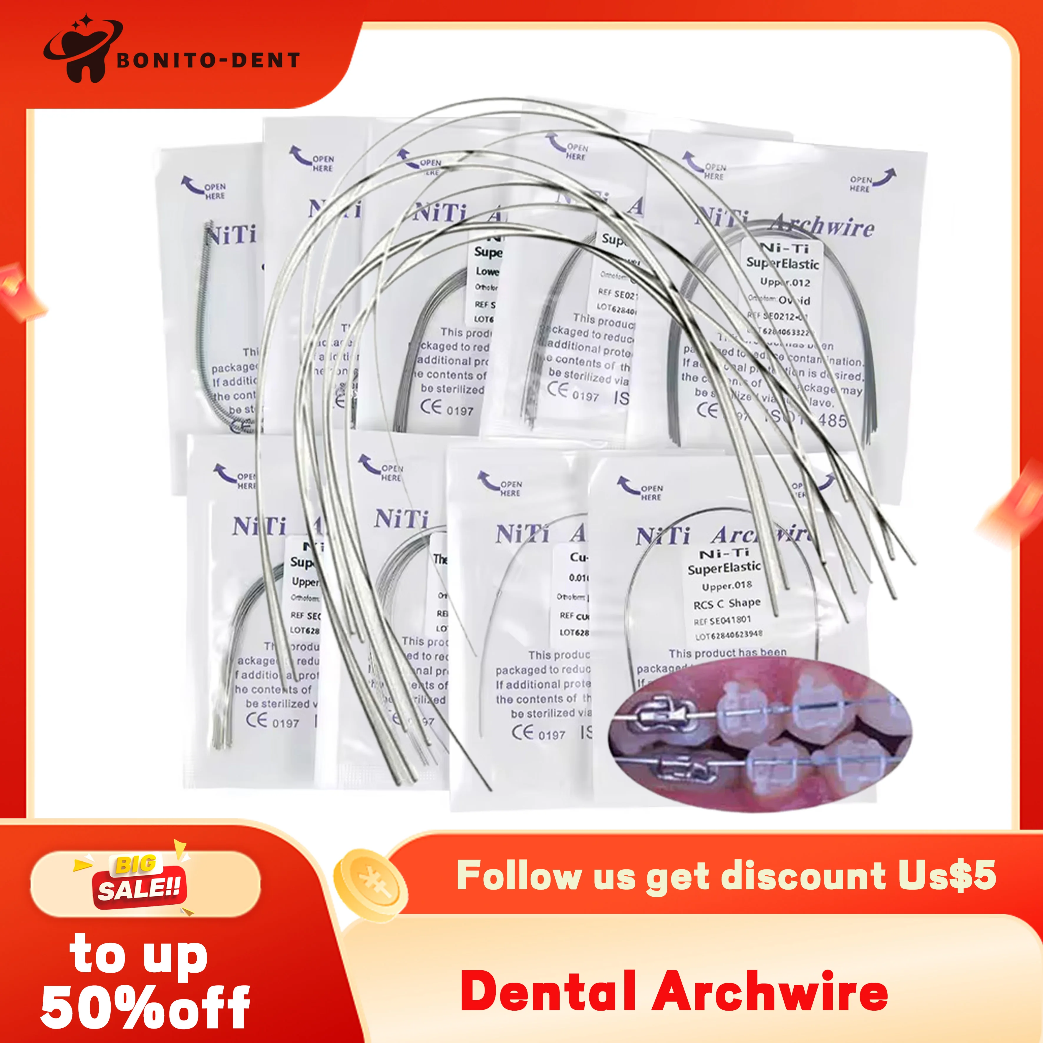 2Packs 20Pcs Elastic Niti Ovoid Round/Rectangle Wire for Brace Lower Upper tool appliance steel Dental Stainless