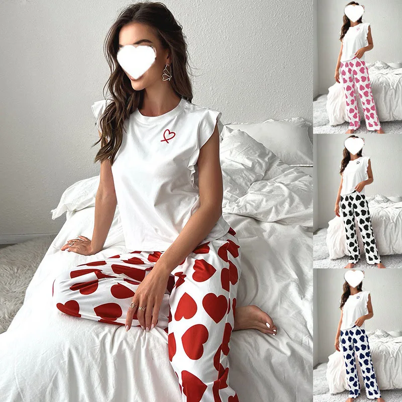 Women's summer home suit set with small sleeves top with heart-shaped printed pants two-piece set with sweet and casual pajamas