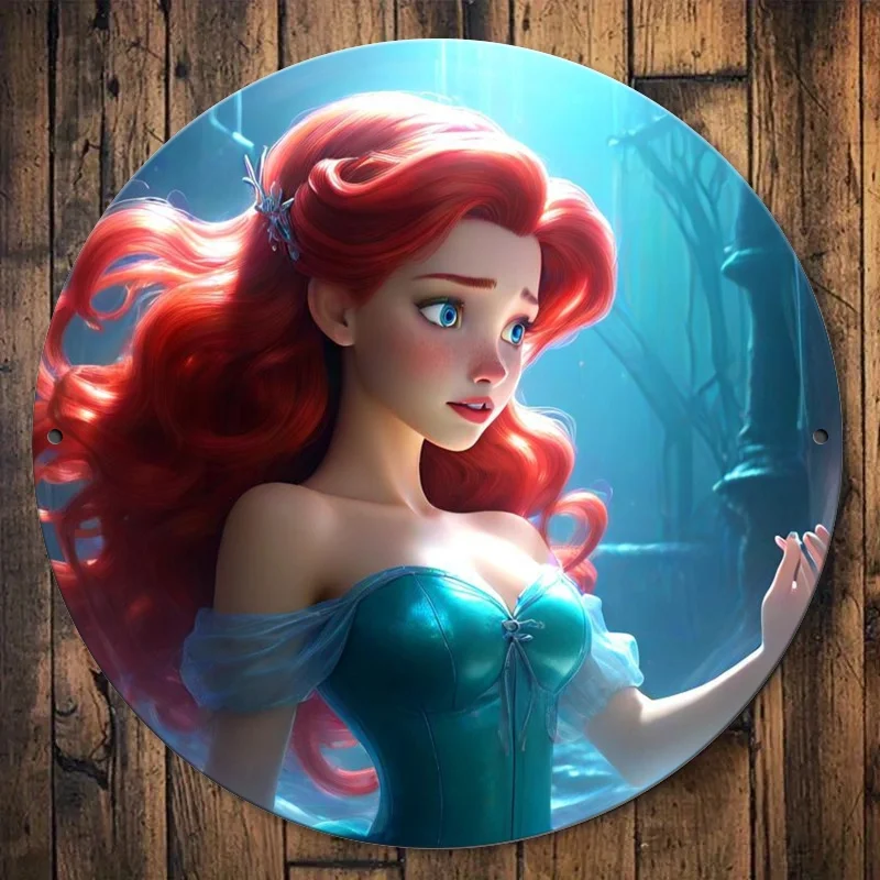 1 قطعة ديزني ارييل الأميرة خمر نمط 20.32x20.32 سم جولة الحديد جدار شنقا علامة الزخرفية ، ديكور مكتب متعدد الأغراض ، مثالية