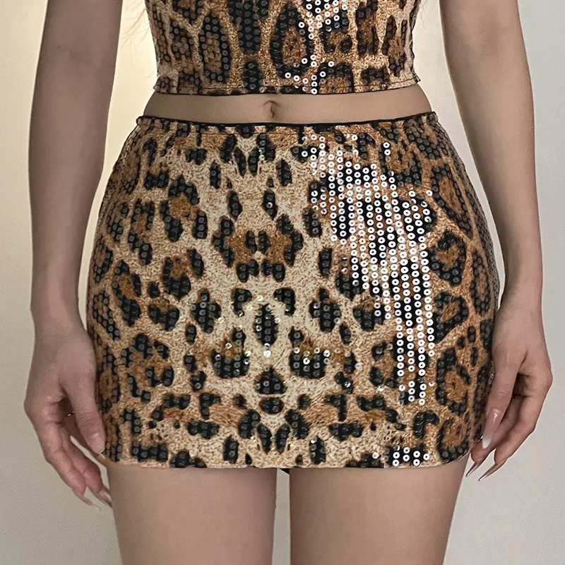 

SKMY 2025 Summer New Fashion Sexy Spicy Girl Leopard Printed Sequined Hip Hugging Mini Skirt Streetwear Clothes For Women Party