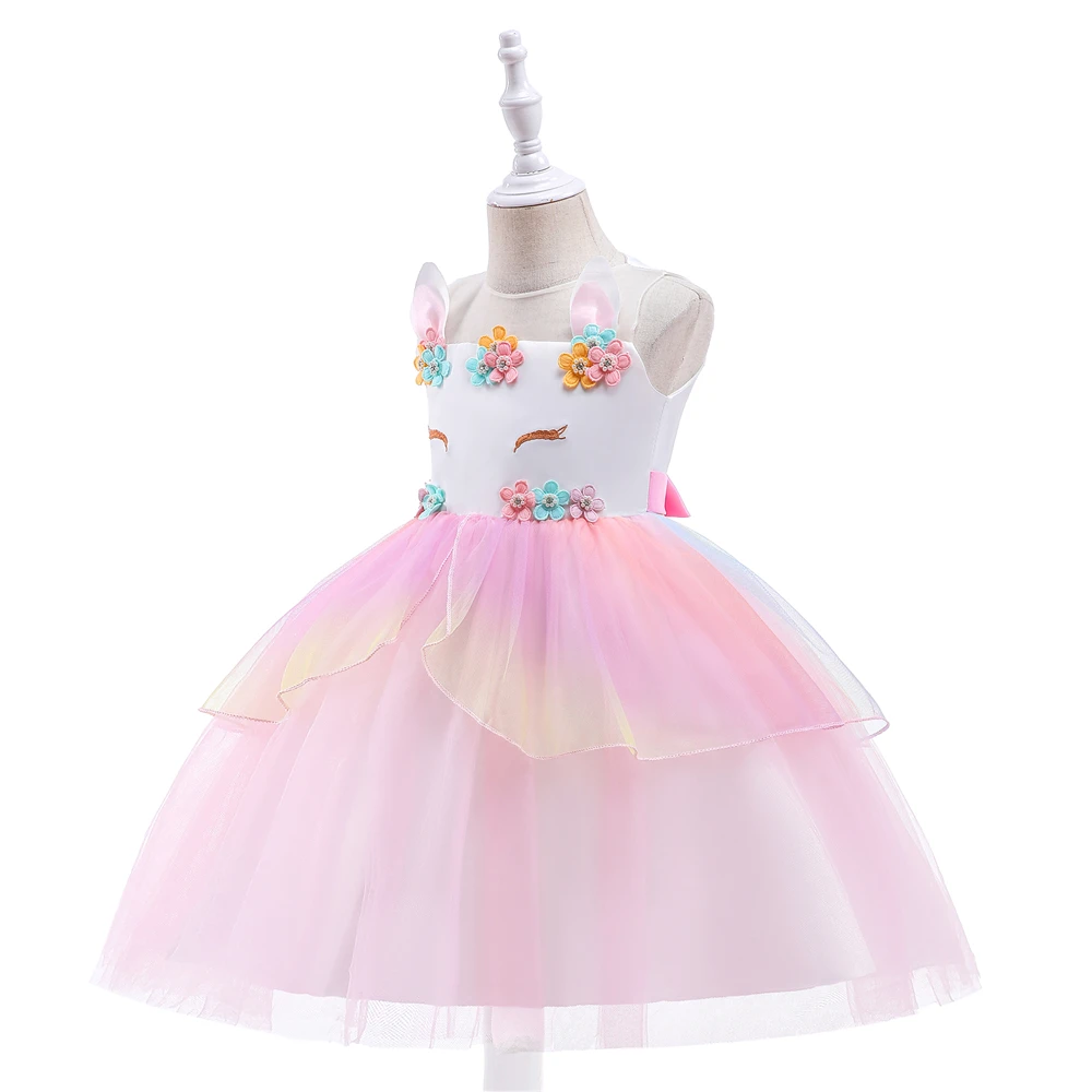 Rainbow Unicorn Party Costume for Girls Cosplay Princess Flower Tulle Dresses Fashion Christmas Halloween Birthday Kids Clothing