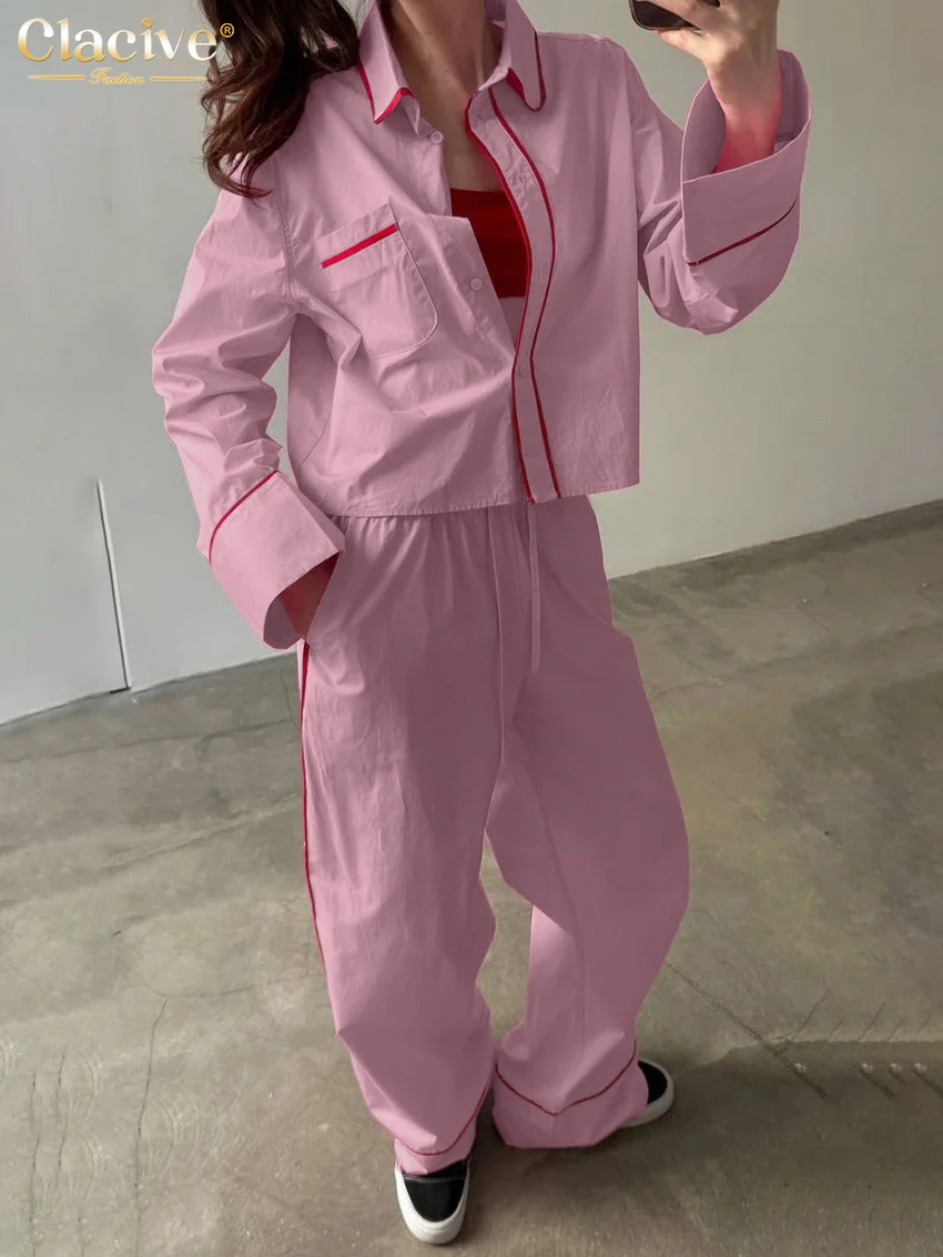 

Clacive Fashion Loose Pink Cotton 2 Pieces Set For Woman 2025 Elegant Long Sleeve Shirt With High Waist Wide Pants Set Female