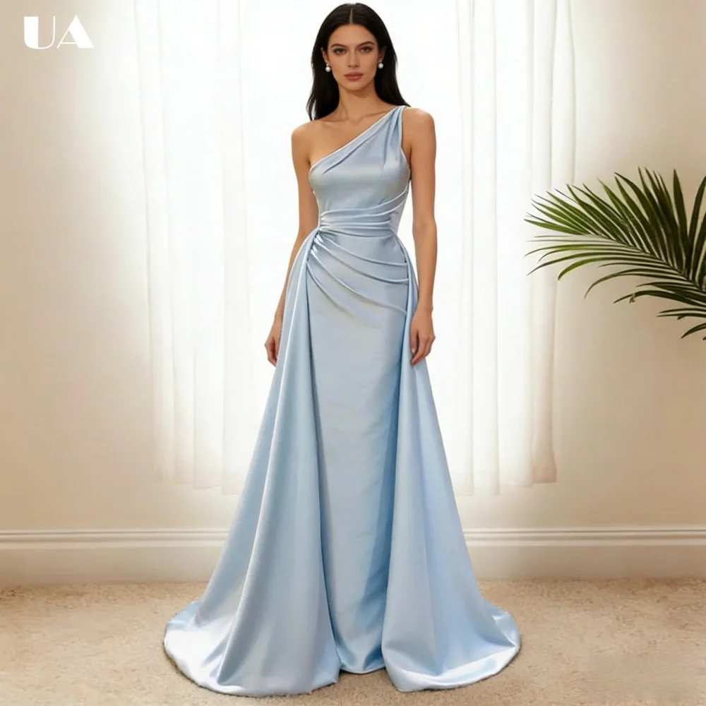

ULBYANRY Elegant Satin A-Line Prom Dress with Asymmetrical Collar, Customized Draped Evening Dress, Simple Sleeveless Dress