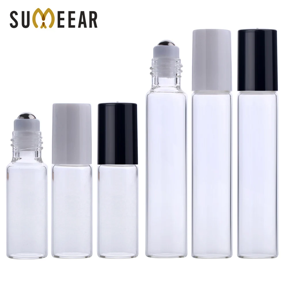 5ml 10ml Essential Oil Bottle Glass On Roller Bottle With Stainless Steel Black White Cover Refillable Perfume Bottle Containers