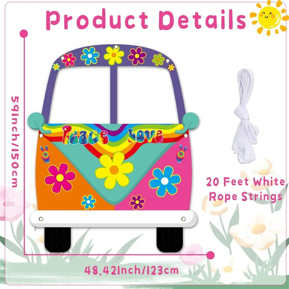 2D flaches 1-teiliges Hippie-Bus-förmiges Polyester-Fotobanner, Partydekoration aus den 1960er Jahren, Hintergrundstoff-Geburtstagsfeier