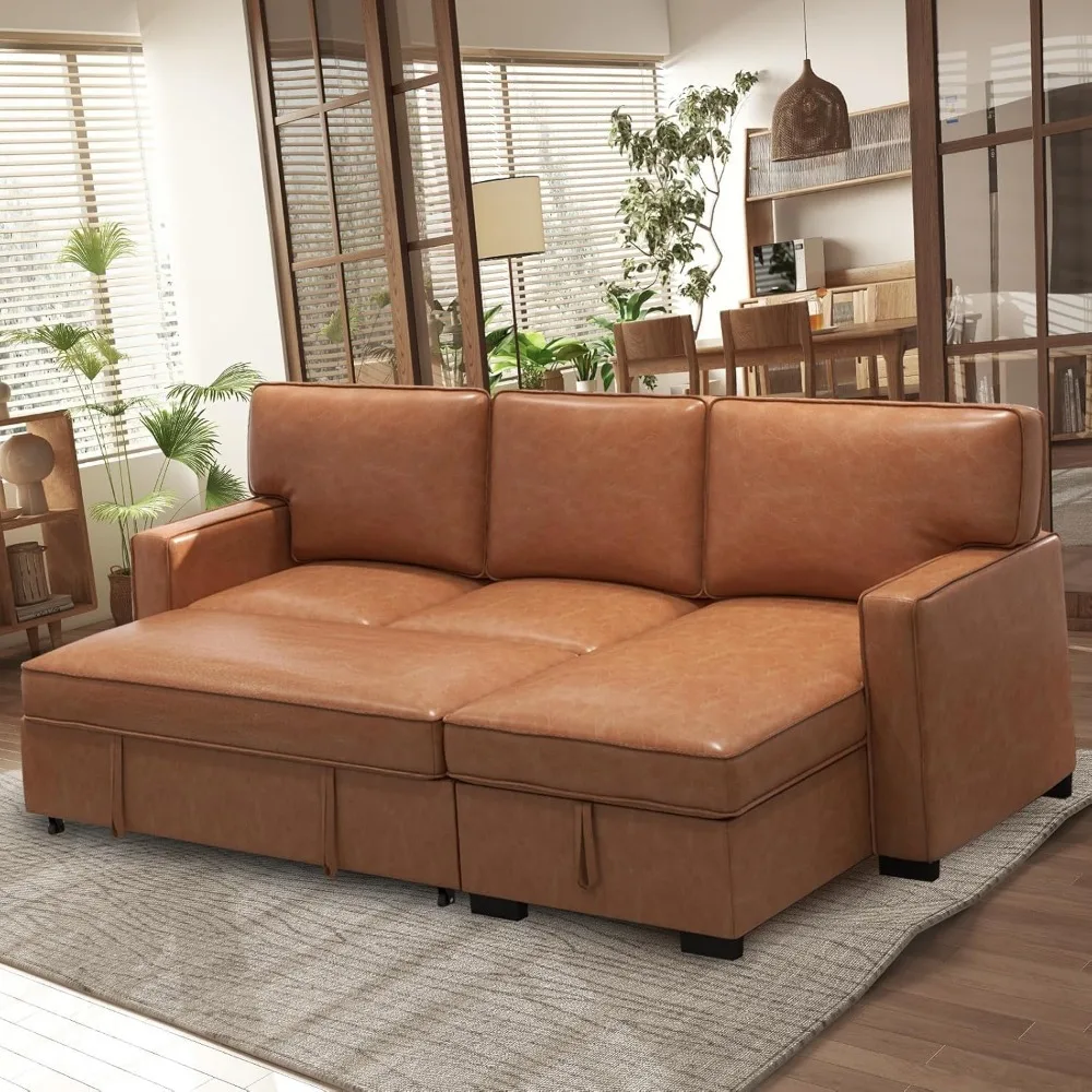 Convertible sofa bed 3-in-1, modern L-shaped sofa in imitation leather, pull-out sofa bed with storage, USB port, cup holder