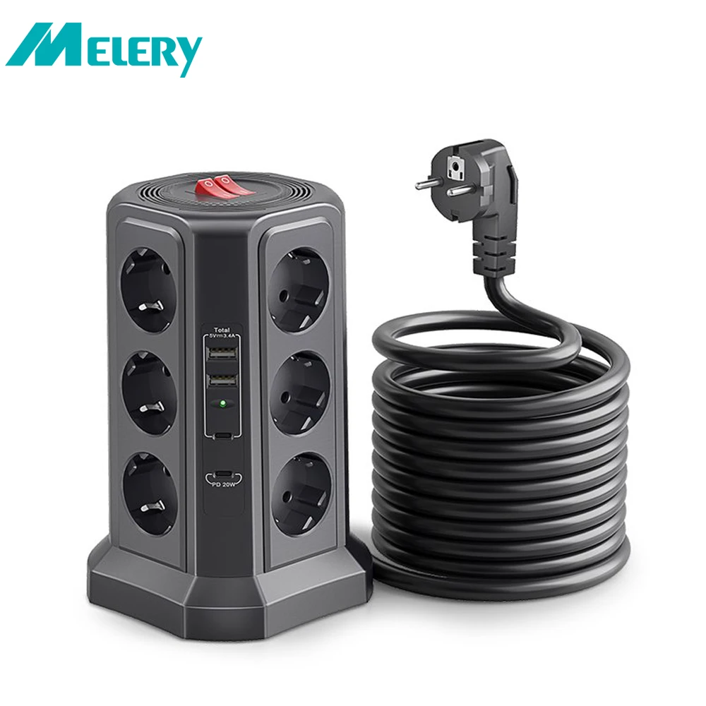 Melery Multiple Power Strip Vertical EU Eectrical Plug Tower Outlet Socket USB Type-C 20W Surge Protector Circuit Extension Cord