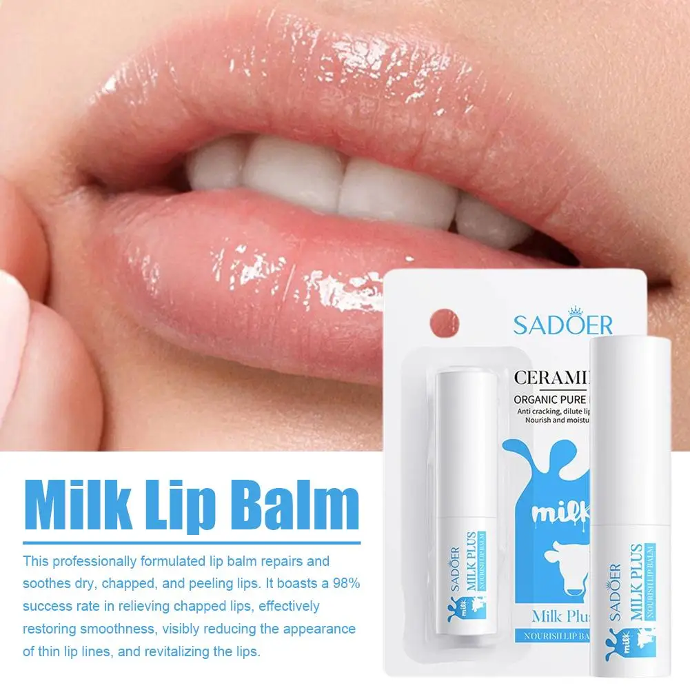 SADOER Ceramide Milk Moisturizing Lip Balm Nourish Repair Dry Chapped Lips Fade Lip Lines Long-Lasting Hydration Lip Care Balm