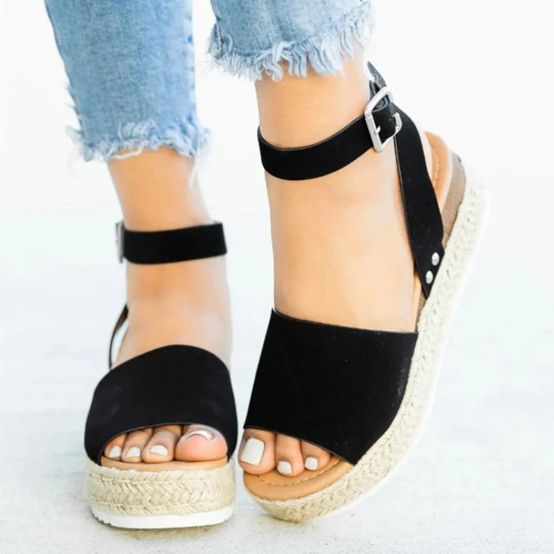 New Women Casual Sandals Fish Mouth Hemp Rope Platform Wedge Shoes Fashion Round Toe Buckle Leopard Print Beach Flats Plus Size