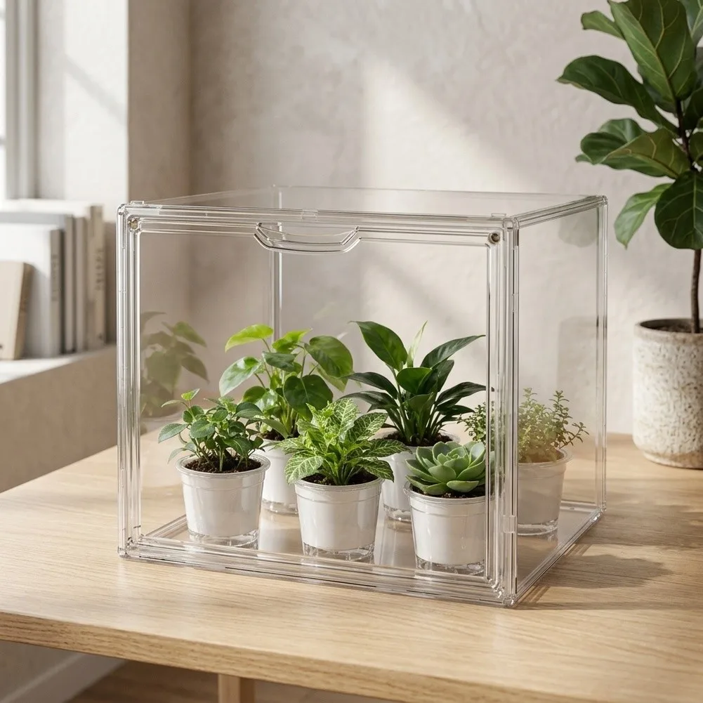 Tabletop For Mini Greenhouse Clear Plastic Construction Magnetic Door for Indoor Plants 36x25x28cm Stackable Unit