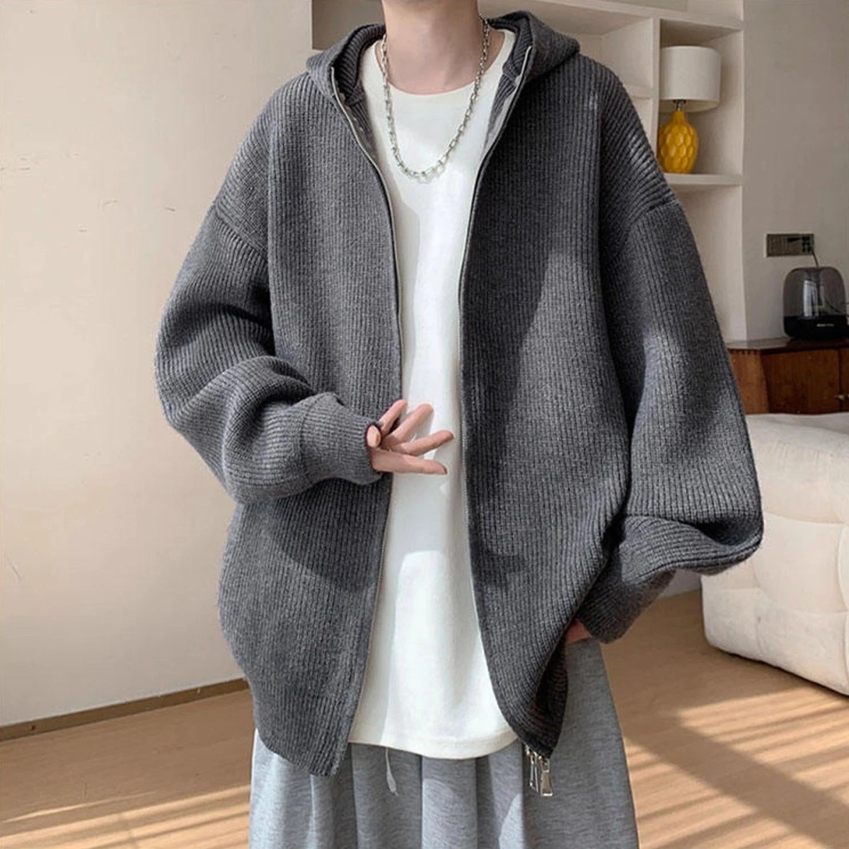 

Men's Thiened Hooded Open Cardigan Sweater Autumn Winter Loose Fit Youth Vintage Trendy Brand Knitted Outerwear