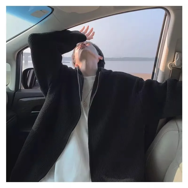 

Мужской вязаный кардиган с капюшоном в американском ретро-стиле, на молнии, свободного кроя, для зимы, модный, повседневный