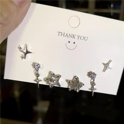 6PCS Kpop Fashion Gothic Zircon Crystal Star Corss Stud Earrings Set For Women Trend Punk Sweet Cool Party Aesthetic Y2K Jewelry