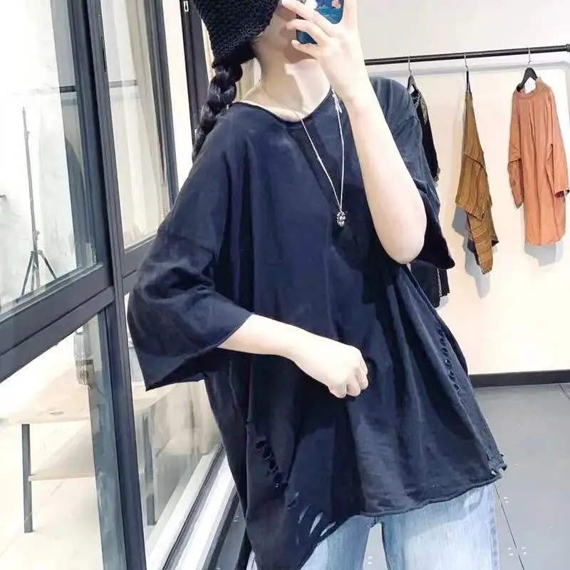 95% Cotton Split T-shirt for Women\'s Summer Loose Slimming Korean Version Rolled Edge Front Short Back Long Short Sleeved Top