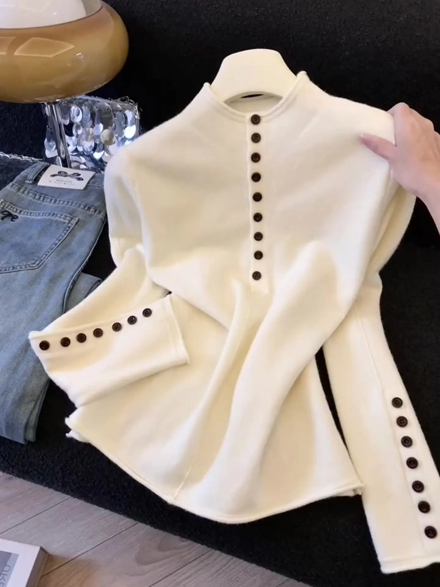 

Приятный для кожи вязаный свитер с длинными рукавами и открытыми пуговицами, чистый цвет, простой женский топ, удобный базовый слой, осень...