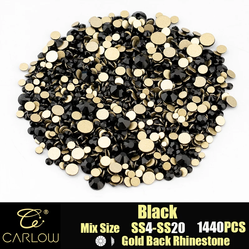 CARLOW Mix Size SS4-SS20 1440Pcs Black Flat Back Glass Rhinestones Gold Back Strass Stones DIY 3D Nail Art Decoration JD-002