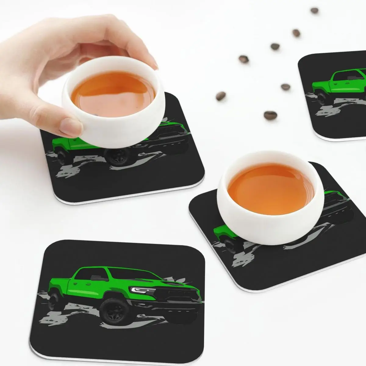 Green RAM Pickup Coasters PVC Leather Placemats Waterproof Insulation Coffee Mats for Decor Home Kitchen Dining Pads Set of 4