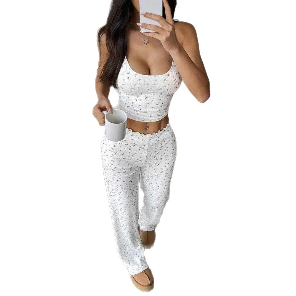 2025 Amazon Cross-border TK Set, Small Floral Vest Plus Wide-leg Trousers, Casual Home Two-piece Set For Women