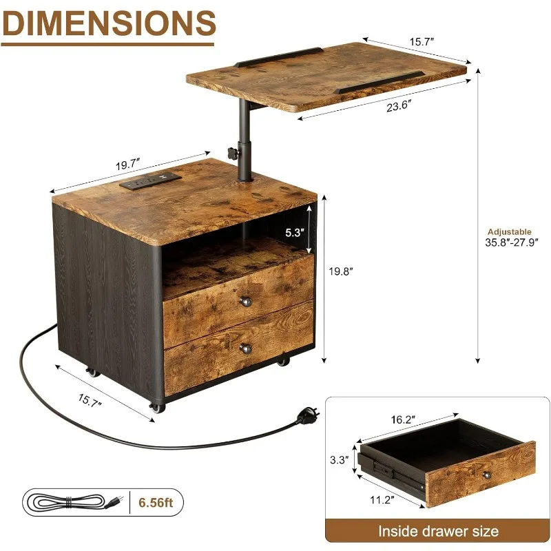 Bedroom Nightstand With Drawers & Charging Station, Adjustable Height Bedside Table With Wheels, Wooden Small Sofa Side Tables