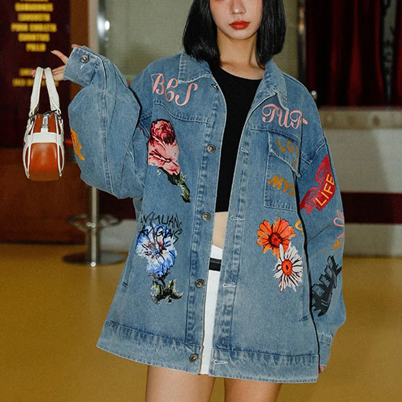 

Women Overcoat 2025 New Fashion Women's Denim Coat Spring Autumn Temperament Long Sleeve Retro Print Women's Coat The Top H335