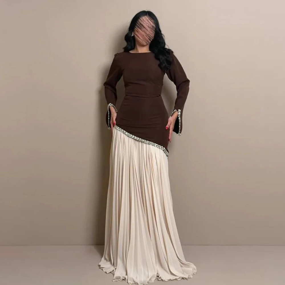 

Customized Beaded A-Line Pleated Formal Evening Gown O Neck Long Sleeves Abiye Wedding Party Gowns A Line Muslim Prom Dresses