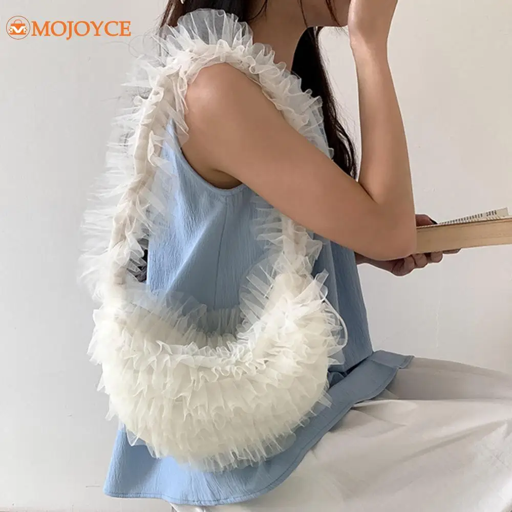 2024 New Women's Lace Pleated Small Shoulder Bag Chic Yarn Tote Handbag Luxury Solid Color Armpit Bag for Party Wedding Hobo Bag