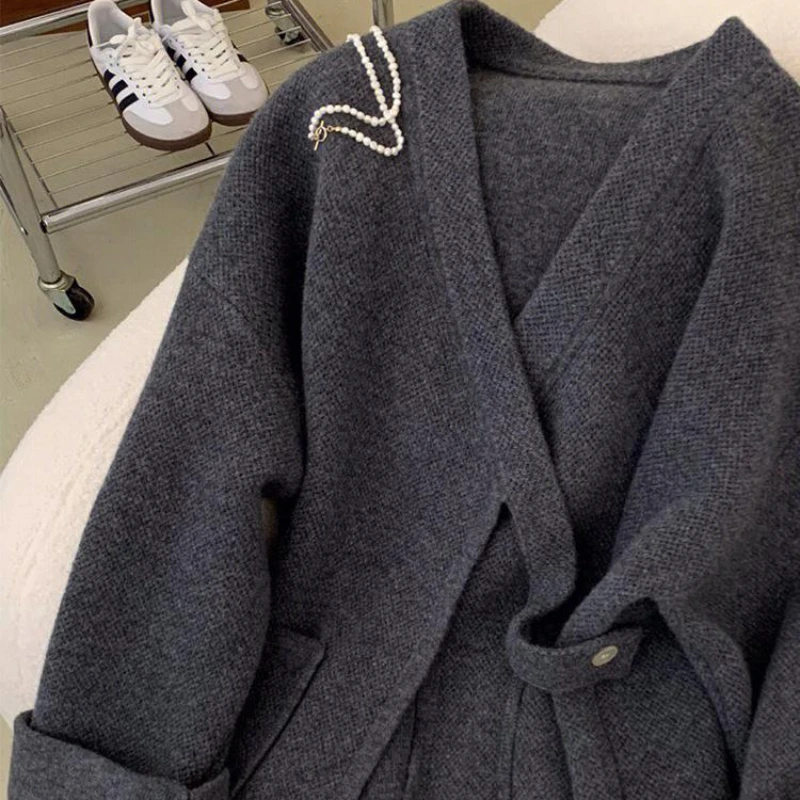 2024 autumn winter Spliced knit Cardigan Luxury Trench coat V-Neck Casual jacket dark gray higer quality tops women windbreaker