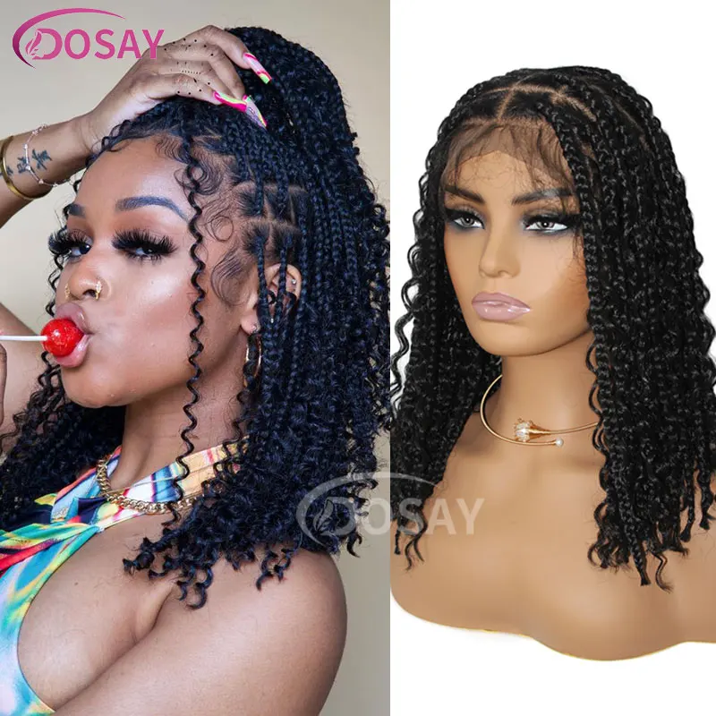 Synthetische Bohemian Cornrow Gevlochten Pruiken Krullend Godin Knooploos 12 "Korte Doos Vlechten Pruik Full Lace Front Pruiken Bob Pruik Voor Vrouwen