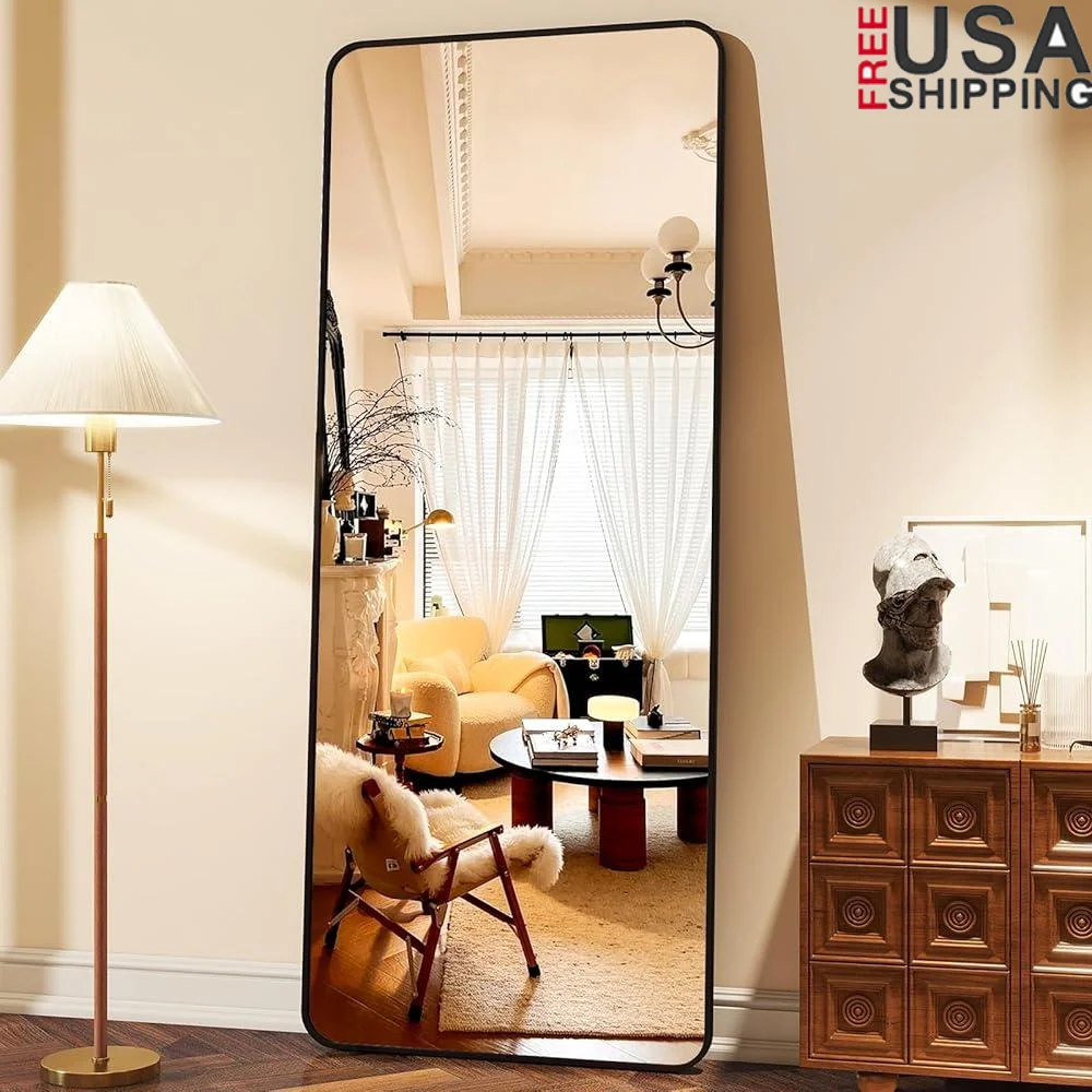 Full Length Mirror Standing Rounded Corner Mirror Wall Mounted Aluminum Frame High Definition Glass Versatile Placement Easy