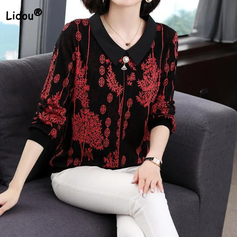 Spring Fashion Contrasting Colors Printing T-shirt Women\'s Clothing Long Sleeve Vintage Turn-down Collar Beading Tops Female