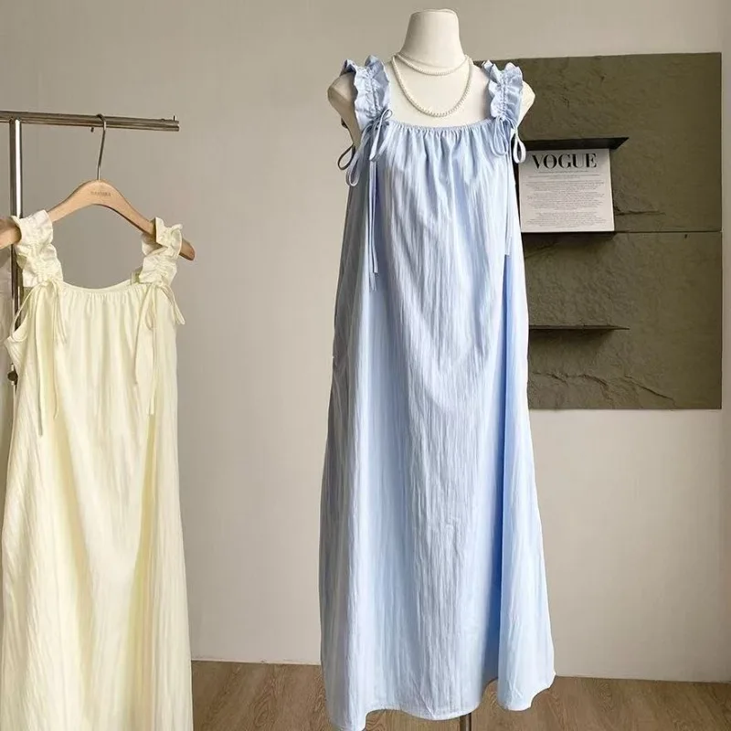 Férias vento gola quadrada fora do ombro vestido com cordão 2025 nova moda verão temperamento feminino coreano macio saia longa