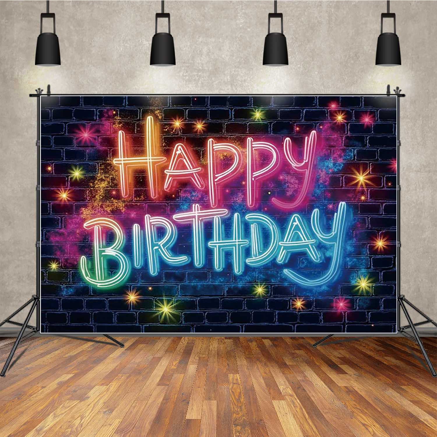 

MOON.QG Happy Birthday Background Photography Brick Wall Banner Neon Light Photocall Backdrop Baby Studio Photobooth Accessories