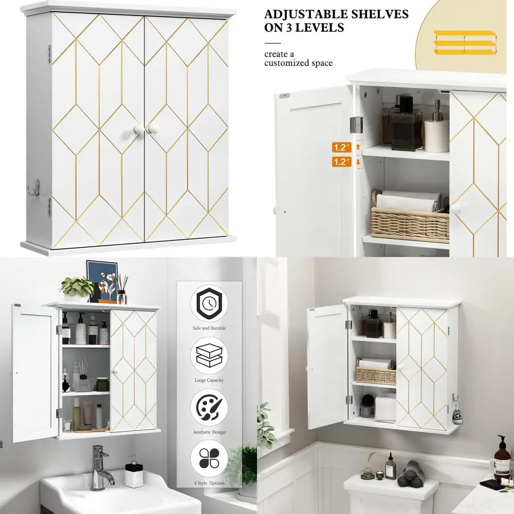 

Gold-Trimmed Wall-Mounted Storage Cabinet with Adjustable Shelves and Hooks, Space-Saving Medicine Cabinet for Living Room and L